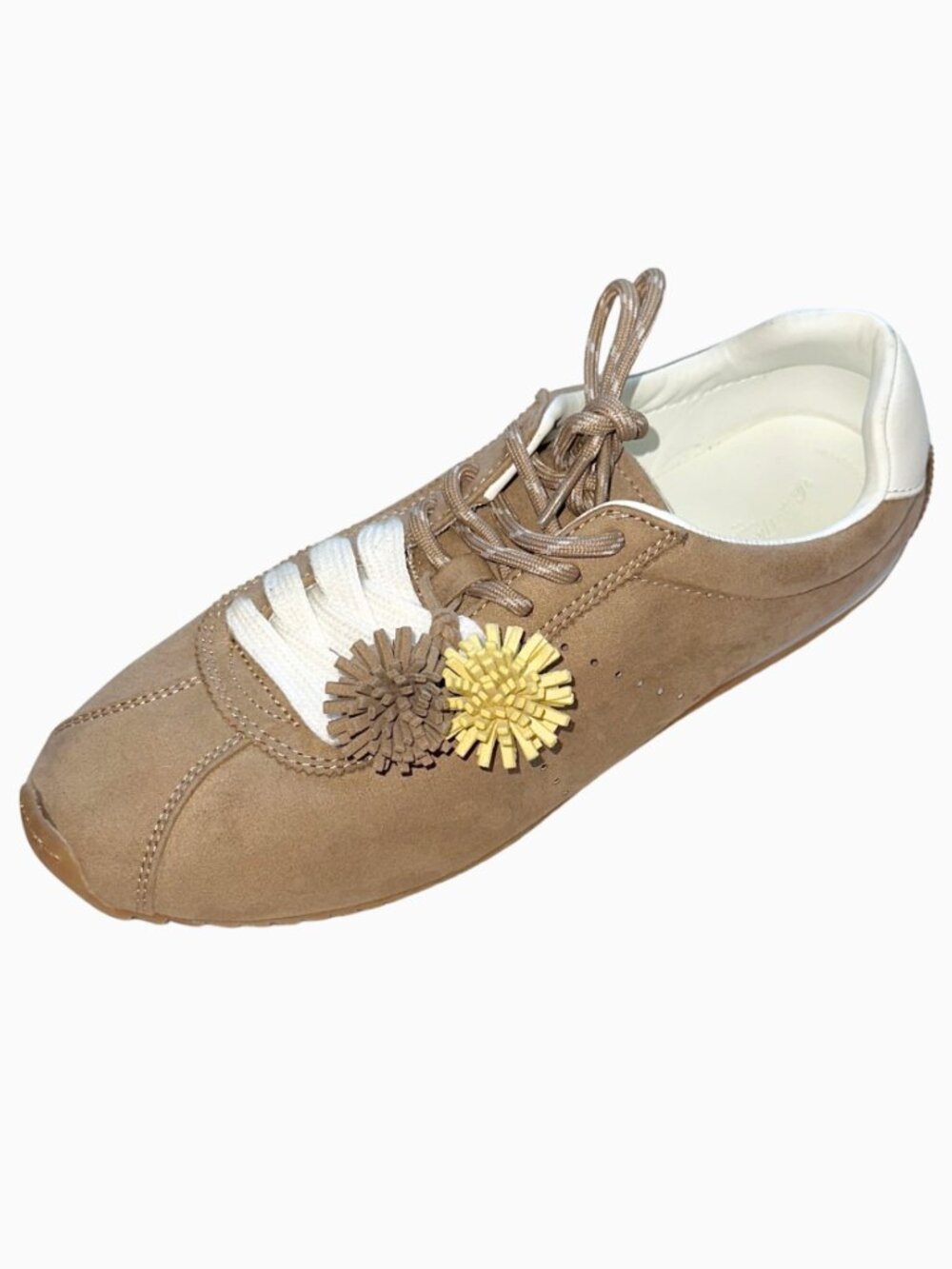 Back to School Beige Suede Pom-Pom Sneakers Comfort Size 10